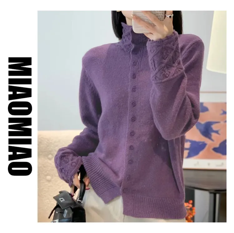 【大码】5085半高领镂空花边袖秋冬新款洋气针织开衫女宽松毛衣