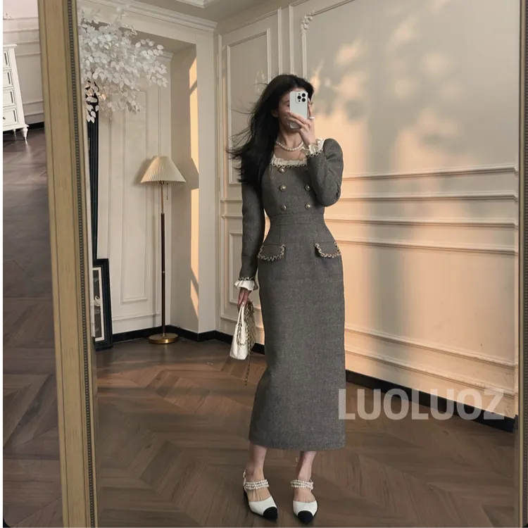 LUOLUOZ【序幕曲线】绵羊毛气质花边领绝美收腰时尚长款连衣裙CC353