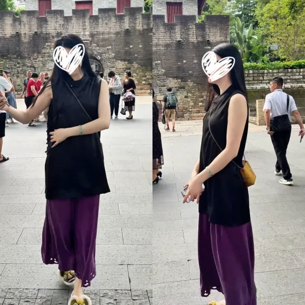 新中式时尚薄款黑色立领斜襟无袖显瘦上衣女极简八分阔腿裤两件套