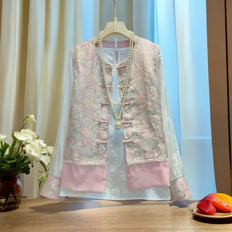 欧洲站2025早秋新款时尚显瘦提花盘扣马甲打底衫两件套2585