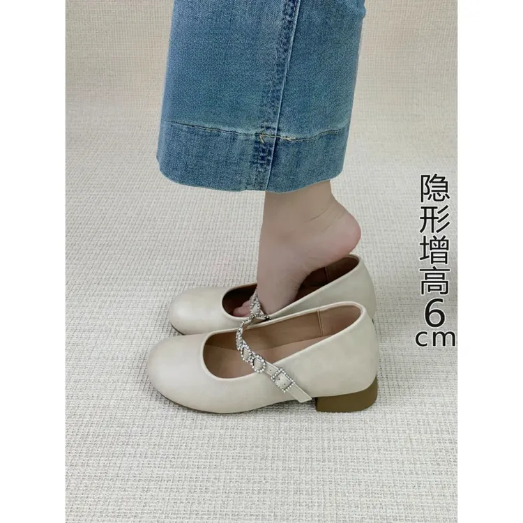 法式复古水钻一字带玛丽珍女鞋粗跟浅口配裙子内增高单鞋百搭