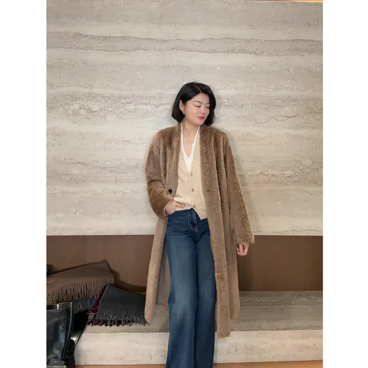 TANTAN 中长款轻奢秋冬羊皮毛一体外套4012