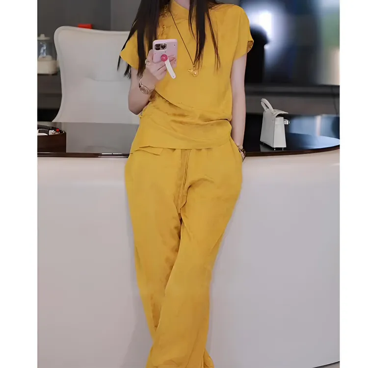 新中式国风日常简约穿搭设计感纯色盘扣衬衫套装裤女2025春夏新款