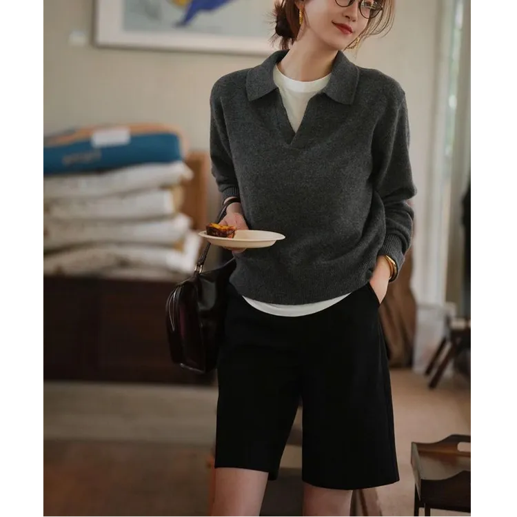 高级感polo领针织衫女秋季老钱风穿搭翻领内搭毛衣深灰色打底上衣