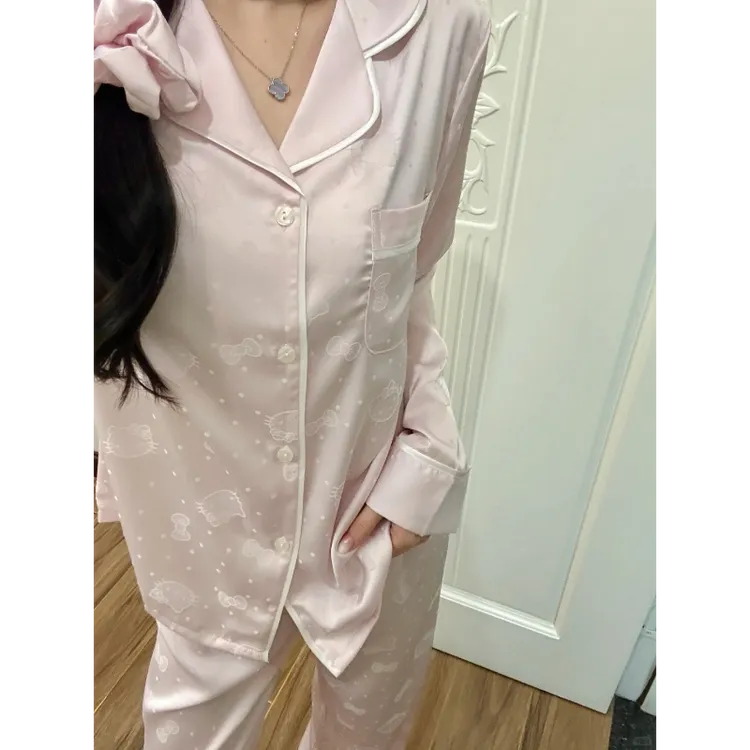 甜美风小众少女Kitty猫印花睡衣女春夏薄款冰丝长袖家居服套装女