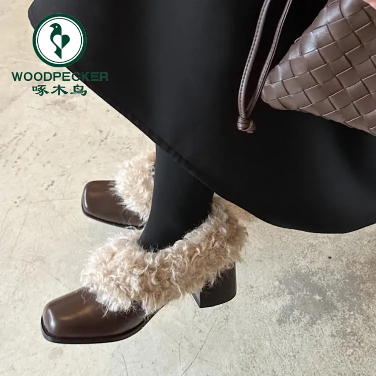 啄木鸟复古毛毛鞋女秋冬加绒保暖方头玛丽珍单鞋一脚蹬粗跟棉鞋