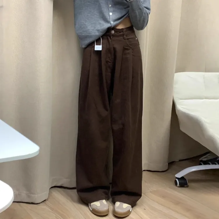 拉夏贝尔深咖色褶皱牛仔裤女时髦秋季显瘦裤子高腰宽松拖地阔腿裤
