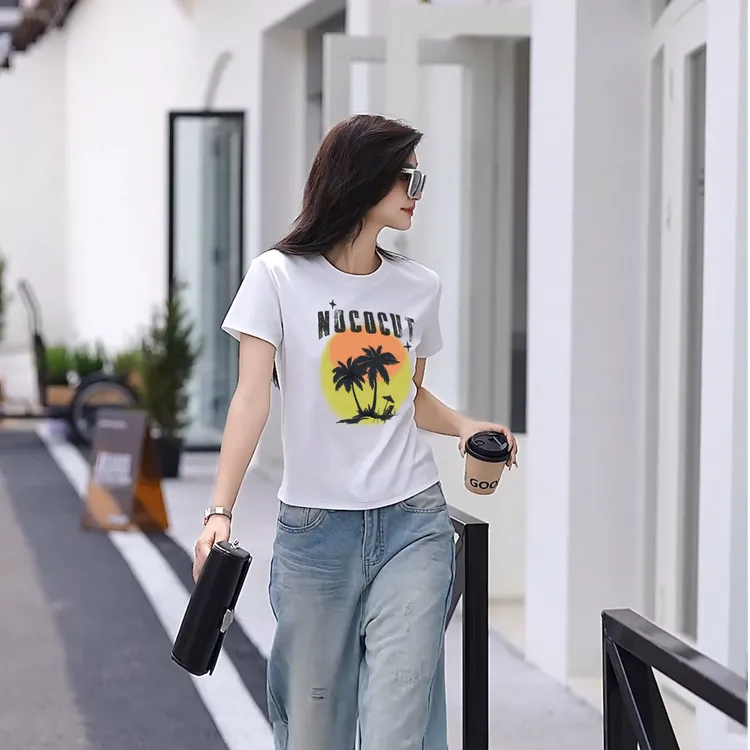 【轻氧棉】日落椰树短袖女2025t恤女款正肩休闲时尚夏季圆领百搭