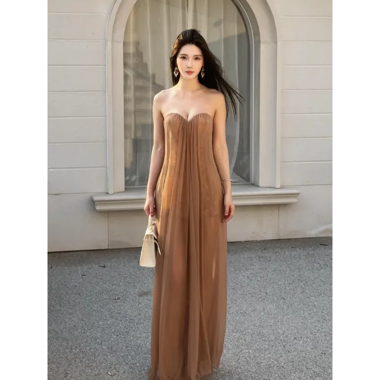 【希腊女神】2025夏季新款法式仙气千金风小众无袖抹胸网纱连衣裙女