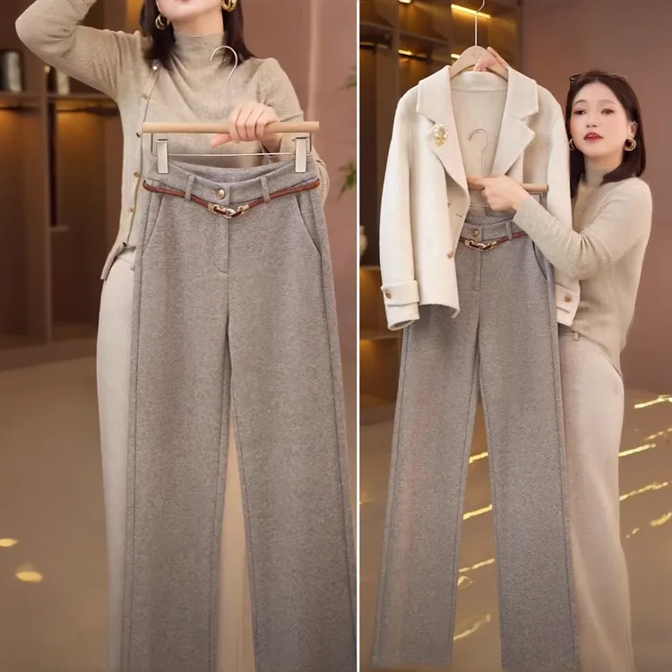 加绒裤子女2025新款羊毛裤秋冬季加长裤高腰直筒西装裤毛呢阔腿裤