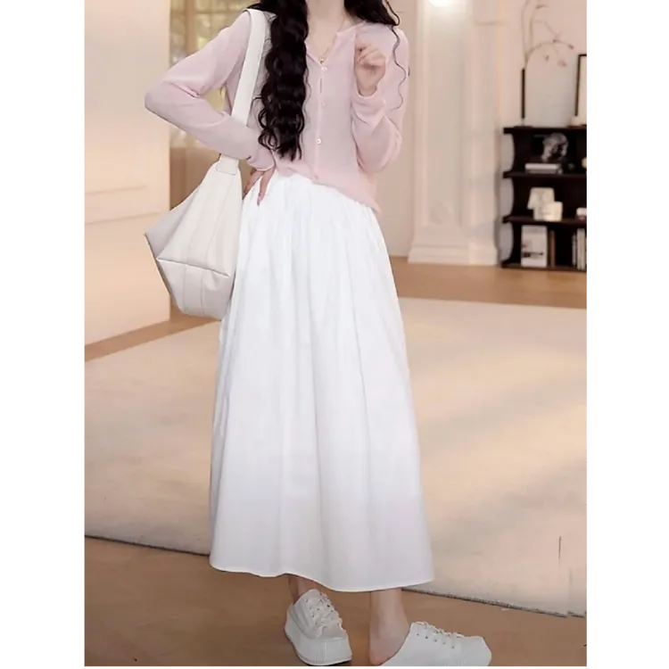 腰头小褶皱白色半身裙2025新款春季法式气质显瘦松紧气质高腰长裙