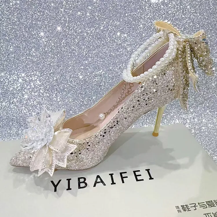 伊柏菲秀禾婚纱两穿婚鞋新款绝美玻璃花水钻亮片高跟鞋香槟色单鞋