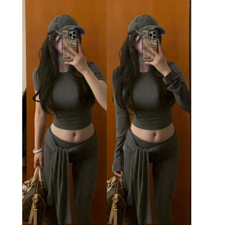 莱赛尔90%氨纶10%面膜感御姐两件套休闲拖地裤套装女性感时尚套装