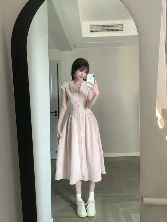 2025法式气质淑女风粉色polo领系带连衣裙女新款甜美收腰a字长裙