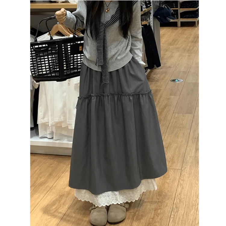 灰色蕾丝拼接半身裙女2025新款秋季大码胖mm高腰显瘦a字宽松长裙