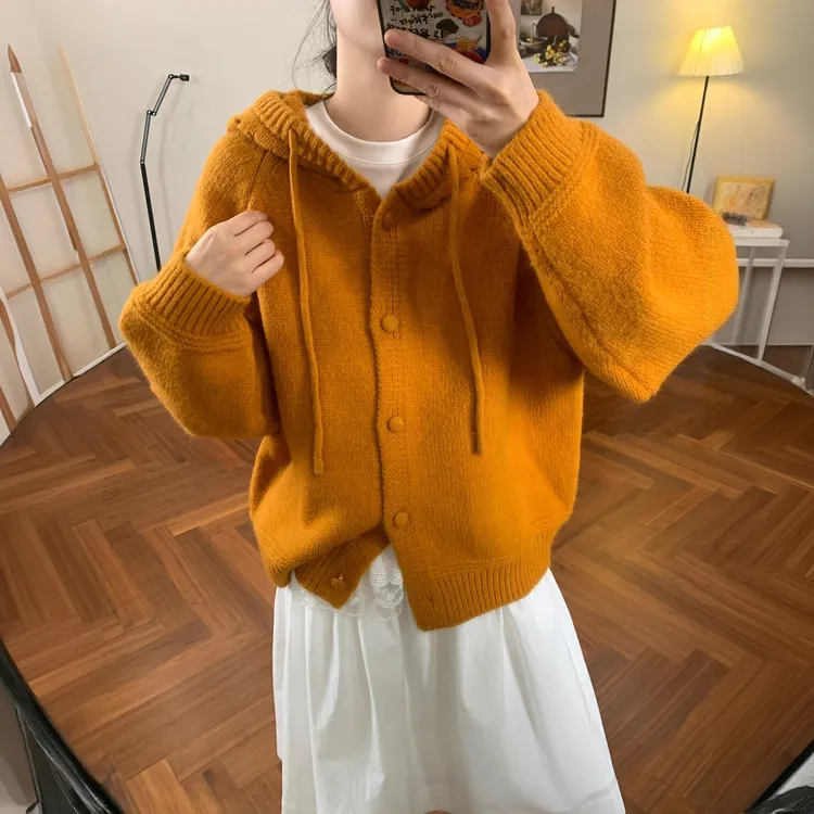 韩系chic复古加厚连帽毛衣外套2025秋冬新款显白百搭慵懒风针织衫