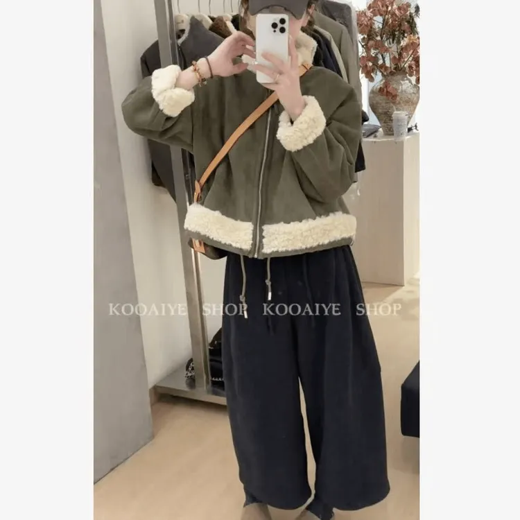 韩系立领加厚皮毛一体短外套保暖短款两面穿加绒棉衣