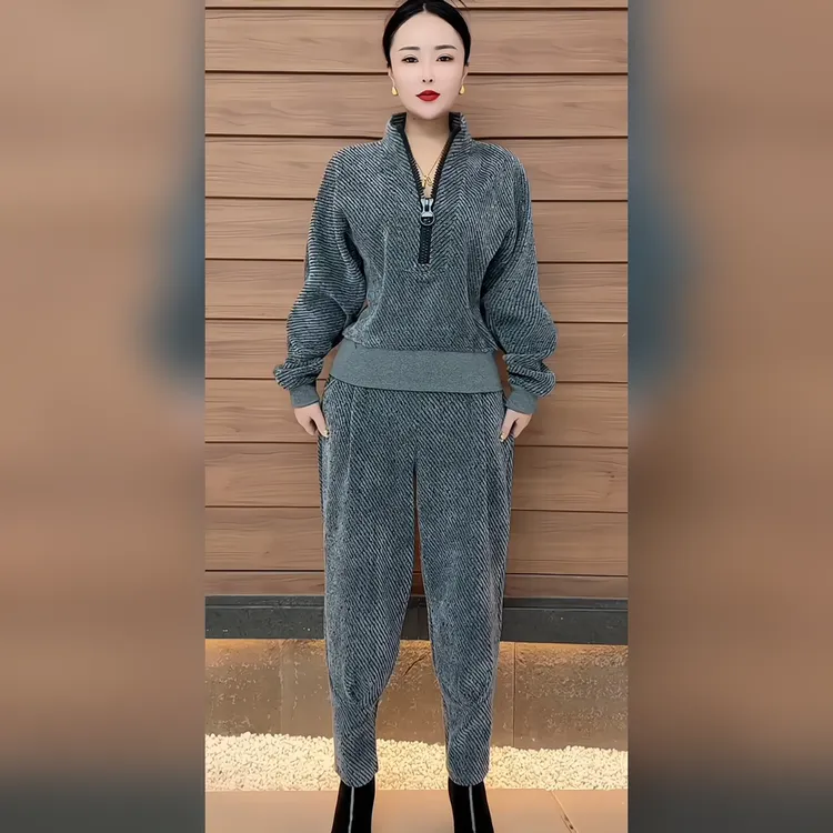 秋季新款时尚气质休闲宽松显瘦大码立领长袖卫衣哈伦裤两件套装女