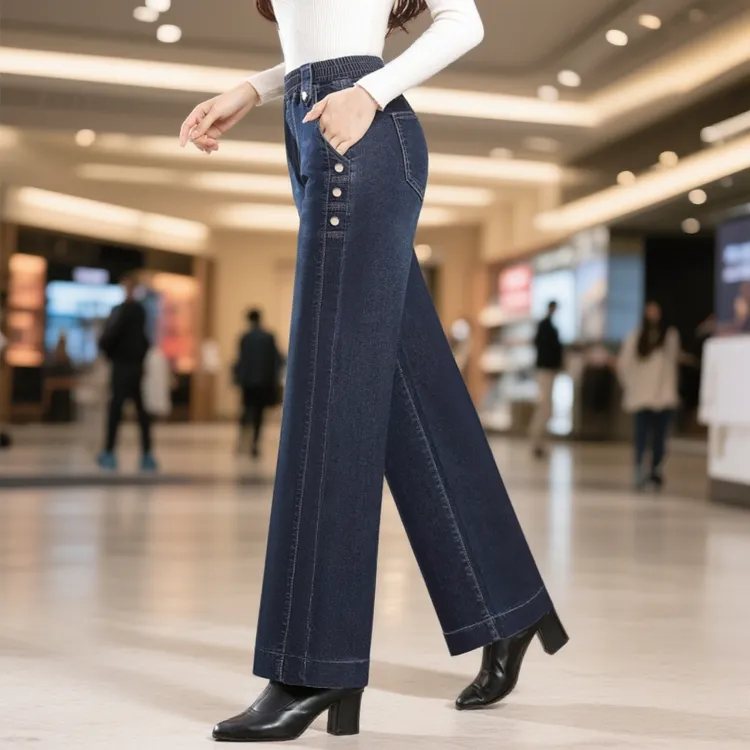 松紧腰加绒牛仔阔腿裤女高腰春秋季大码显瘦直筒休闲中年妈妈长裤