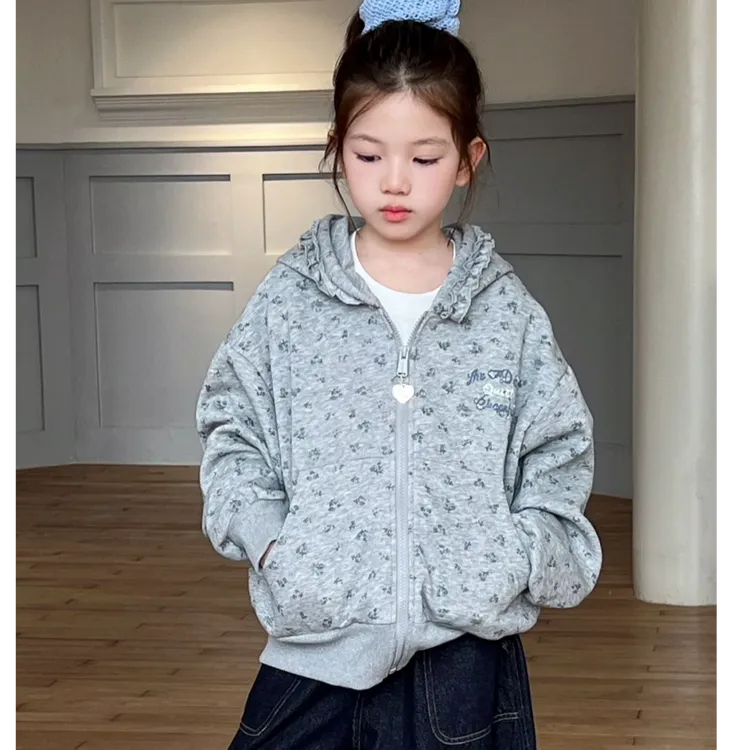 女童外套秋新款童装儿童韩版碎花上衣中大童连帽开衫女孩长袖卫衣