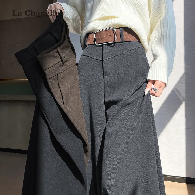 拉夏贝尔灰色毛呢西装阔腿裤女秋冬新款高腰垂坠感直筒休闲拖地裤