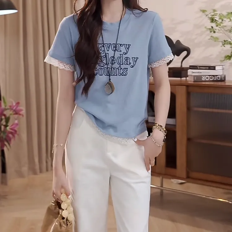 设计感袖子拼接蕾丝上衣女2025新款时尚款洋气夏季正肩短袖t恤