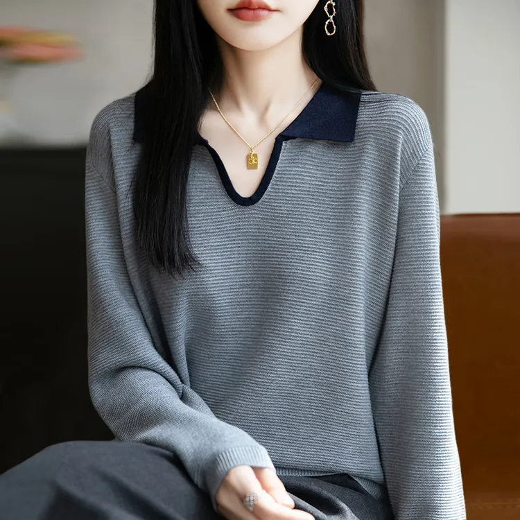 秋装2025新款大码长袖针织衫女宽松显瘦上衣百搭洋气翻领打底毛衣