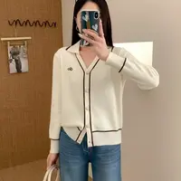 2025秋季新款韩版小香风开衫刺绣翻领毛衣女软糯百搭针织衫女F362
