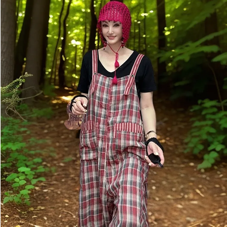 张阅服饰原创双层纱棉麻格子背带裤个性宽松慵懒风舒适夏季凉快