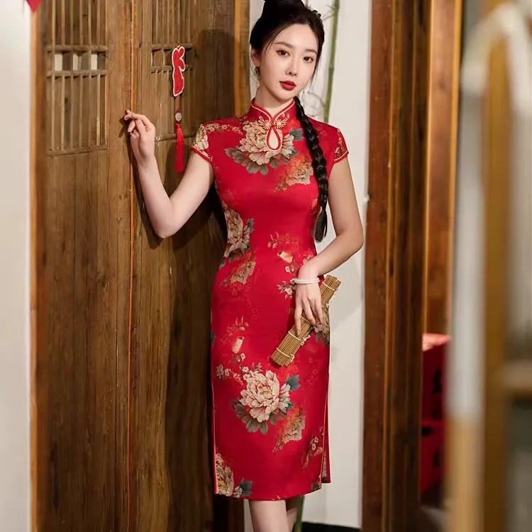 （801）夏款 水滴领 （花色稍有不同） 中长款旗袍 双层 长度约105cm