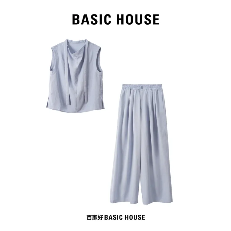 Basic House/百家好2025夏季新款无袖飘带设计师款套装8182XX