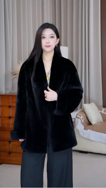 【宝嘉美】进口皮毛一体貂皮大衣女V领挽袖中长款貂毛皮草外套女