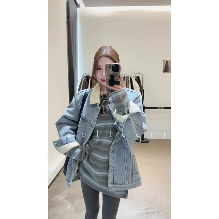 MARIE.COCO秋冬巨好看老钱风设计感毛领牛仔外套女复古条纹上衣