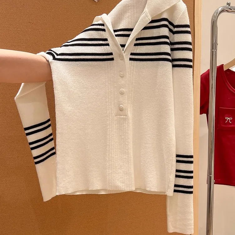 辣妹条纹拼接POLO领纽扣长袖针织衫女2025春季修身内搭打底衫上衣