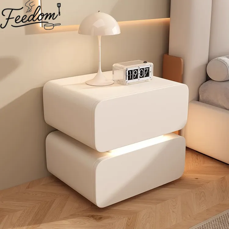 德国智能床头柜卧室轻奢高级感床头柜子奶油风简约实木床头收纳柜