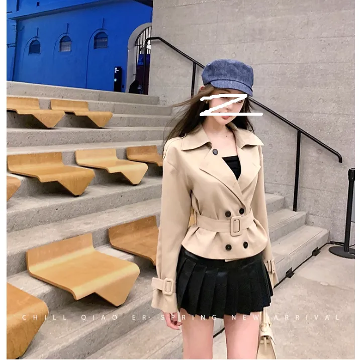巧儿【高定质感】高级气质大翻驳领腰带短款卡其色风衣短裙套装组