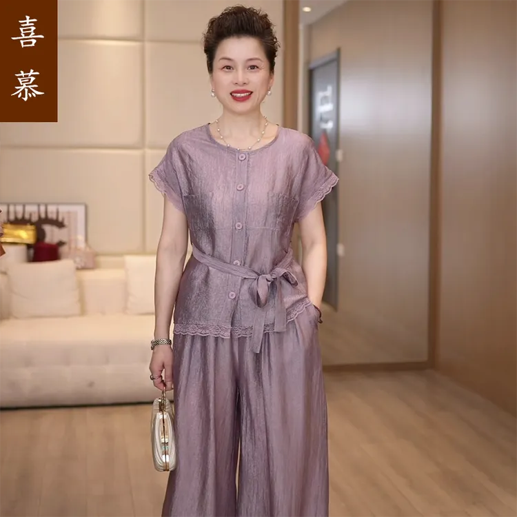 妈妈夏装短袖小衫洋气套装2025新款中老年女装时尚t恤上衣两件套