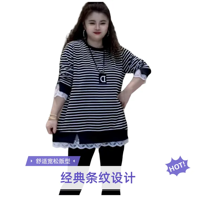6806早秋新款洋气圆领拼接蕾丝开叉条纹大衫显瘦百搭