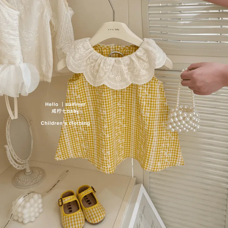 女童夏季甜美洋气连衣裙背心裙女孩荷叶领黄格纹碎花宝宝夏装套装