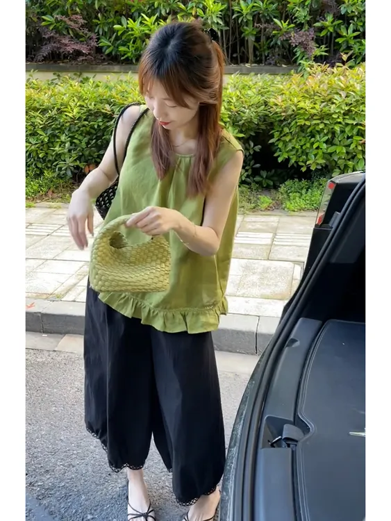 夏季搭配一整套小个子大方得体轻奢高级感简单大方绿色气质套装裤