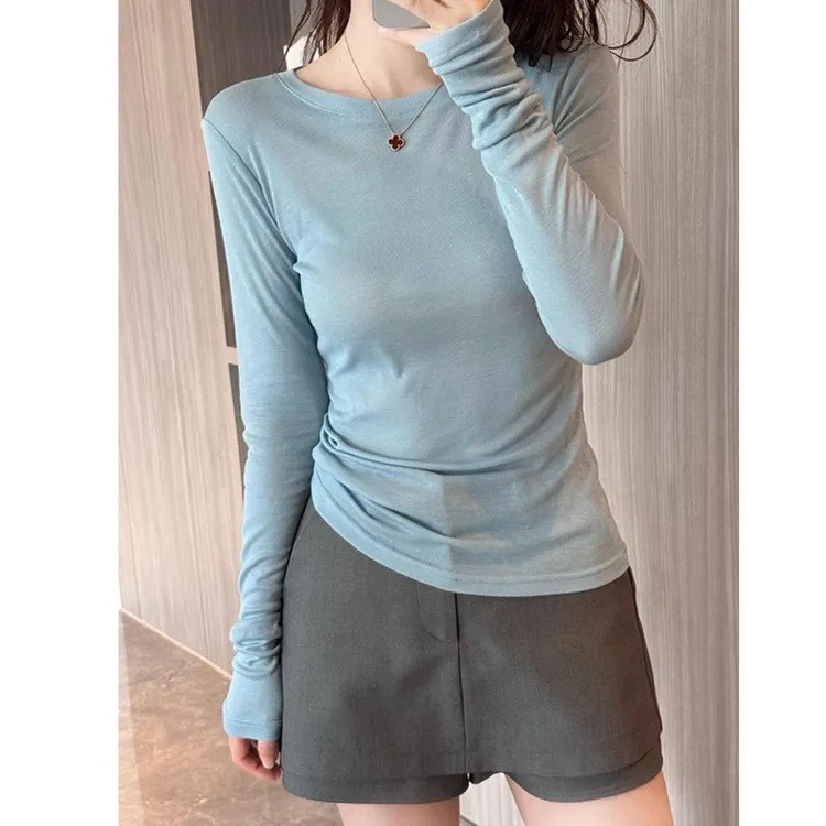 2025新款圆领纯色简约风修身显瘦微透长袖T恤女套装宽松百搭短裤