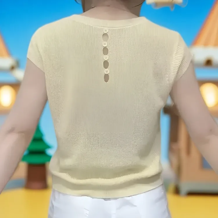 圆领后背纽扣上衣女2025打底法式百搭短袖针织衫时尚新款设计感