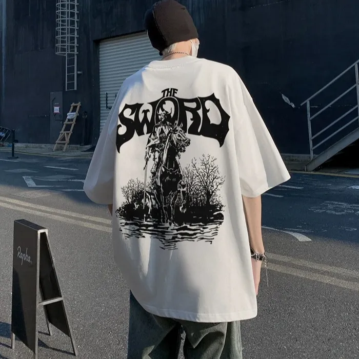 美式高街后背印花短袖t恤男夏季宽松青少年大码半袖潮牌重磅体恤