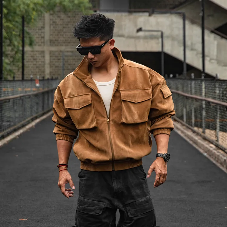 同素异形荒野猎人美式休闲多口袋立领冬季潮流夹克美式男PU仿牛皮