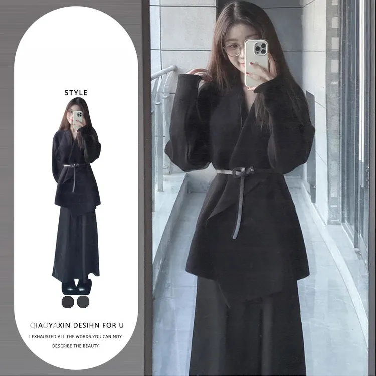 御姐轻熟风穿搭套装女秋冬设计感不规则针织毛衣高腰中长款半身裙