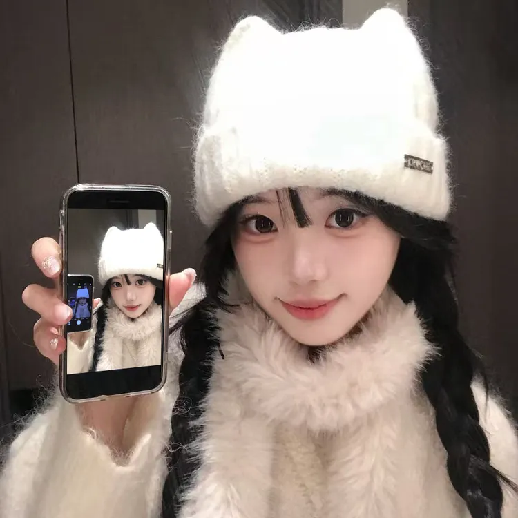 Art山月·冬季猫咪耳朵毛绒帽女可爱保暖百搭加厚针织帽子