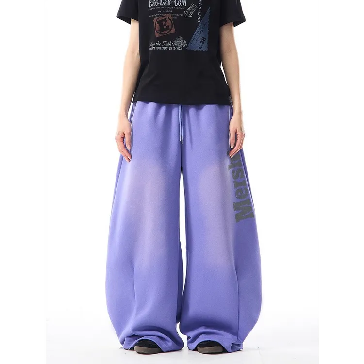 美式复古做旧字母弯刀阔腿卫裤女宽松休闲百搭直筒拖地裤子