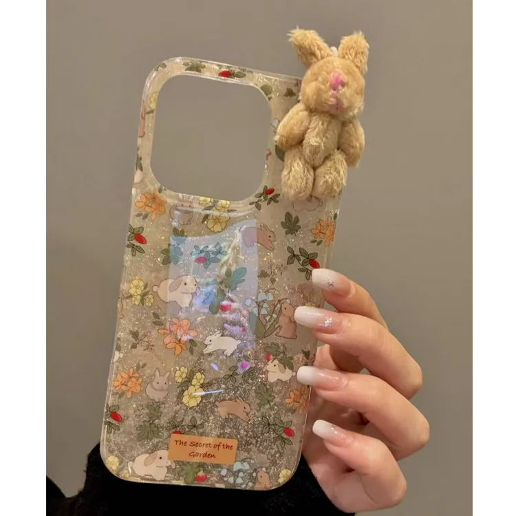 闪粉碎花兔子适用iPhone16promax手机壳苹果15新款14防摔13/12/11