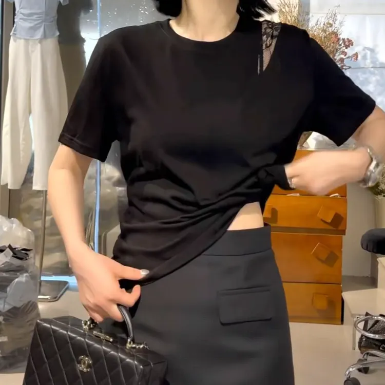 小众设计圆领镂空蕾丝拼接短袖T恤上衣女2025夏季新款宽松上衣