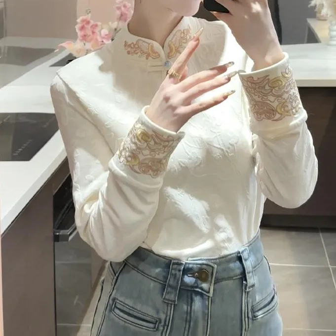 码加加51955新中式改良新款国风立领盘扣刺绣大码女装上衣打底